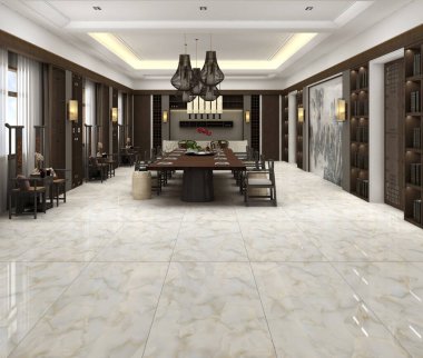 Yemek masası ve sandalyeli modern oda tasarımı mermer zemin ve gri dekoratif bambu duvar restoran konsepti, yemek odası arka planı. 3B Hazırlama