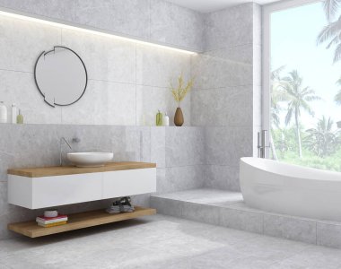 Modern banyo, beyaz mermer ve ahşap duvarlar, beton zemin taştan tezgahın üzerinde duran siyah lavabo ve suyla dolu rahat siyah küvet. 3B Hazırlama