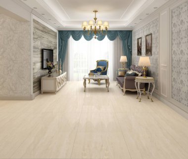 Duvarında bej mermer olan zarif bir yaşam alanı, uzun beyaz bir kanepe, kanepenin önünde bir sehpa, aksesuarlar için bir raf ve tasarımı tamamlamak için dekoratif ışıklar. 3B Hazırlama