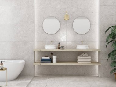 Mermer panelli banyo iç tasarımı. seramik lavabo ahşap yüzey ve ayna üzerinde. Küvet, havlu ve diğer kişisel banyo aksesuarları. Modern görkemli iç mekan konsepti. 3B Hazırlama