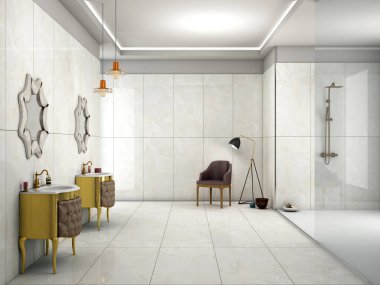 Beyaz ve bej bir banyo, seramik beyaz bir küvet, iki dar pencere, tencerede bir ağaç ve köşede bir merdiven, ahşap yüzeyde çift lavabo ve iki dairesel ayna. 3B Hazırlama