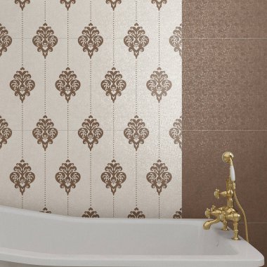 Beyaz ve kahverengi mermer duvarları ve fayanslı zemini olan şık bir banyonun içi üzerinde dairesel aynalar ve arka planda beyaz küvet bulunan ahşap tezgahın üzerinde duran iki lavabo. 3B Hazırlama