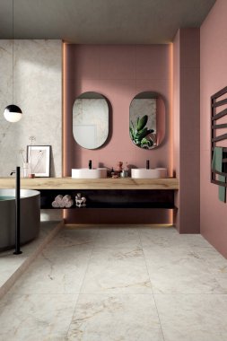Beyaz mermer duvarlar ve zemin, duş kabini ve ev bitkileri, beyaz küvet, üzerinde çift seramik lavabo ve aynalar olan şık bir banyo, pembe renkli duvar. 3B Hazırlama
