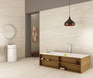 Lüks banyo, bej renkli mermer döşeme ve duvarlı, ahşap mobilyalarda beyaz leğenler, dairesel aynalar, daha fazla duş alanı, mükemmel pencere manzarası, estetik açıdan hoş ışık dekoru. 3B Hazırlama