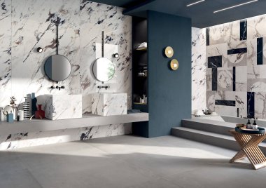 Beyaz banyo küveti, beyaz lavabo ve aksesuarlarla dolu duş, kabin ve dikey ısıtılmış havlu korkuluğu, tropiklerde panoramik pencere. 3B Hazırlama