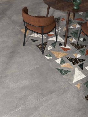 Kahverengi yemek masası ve gri mermer zeminde sandalye. Modelleme. 3B Hazırlama