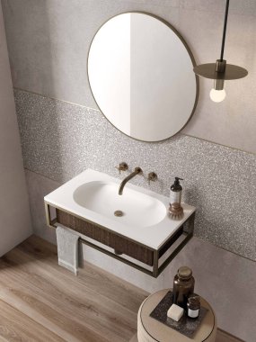 Banyo içi beyaz leğen ve üzerinde dairesel ayna asılı lamba, ahşap döşeme. 3B Hazırlama