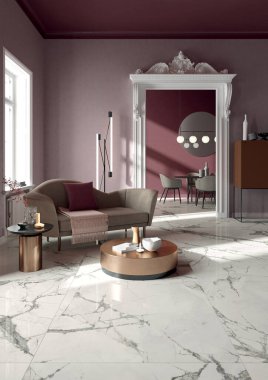 Oturma odasının iç kısmı cilalı mermer zemin, okyanus manzaralı bir pencerenin yanında lüks bir kanepe, ahşap bir sehpa, belirgin bir avize, taze bitkiler. 3B Hazırlama