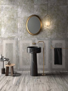 Lüks banyo içinde depolama için gri raflar bahçeye bakan bir duvar penceresi ve lavabonun üzerinde dikdörtgen bir ayna. 3B Hazırlama