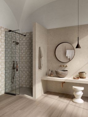 Bej ve ahşap desenli banyo duvarında kare bir ayna, tahta bir oyuncak ve yerde beyaz bir havlu bulunur. 3B Hazırlama