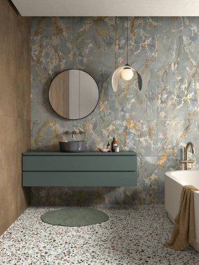 Cilalı mermer de dahil olmak üzere üst kattan lüks bir banyo. Beyaz bir küvet, dekoratif aksanlar ve bir saksı manzarayı güzelleştirecektir. 3B Hazırlama