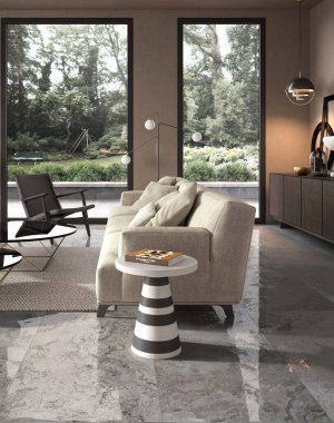 Luxury corner of living room interior with white table and decorations above it, elegant glass pot on the table, and grey marble walls and floors. 3D Rendering clipart