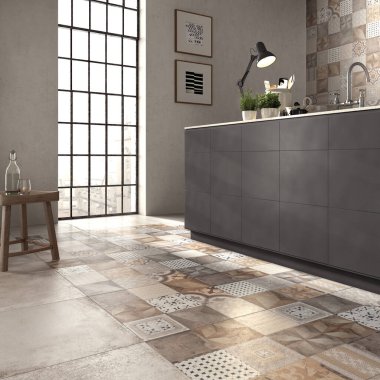 Gri tezgahlı, ahşap mobilyalı lüks kafe masası. 3B Hazırlama