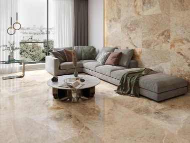 Lüks bir oturma odası duvarında ve zemininde bej mermer, ortasında ahşap ve siyah kahve masası, köşesinde taze bitkiler, muhteşem arka bahçe manzaralı bir pencere. 3B Hazırlama