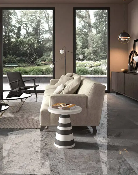 stock image Luxury corner of living room interior with white table and decorations above it, elegant glass pot on the table, and grey marble walls and floors. 3D Rendering