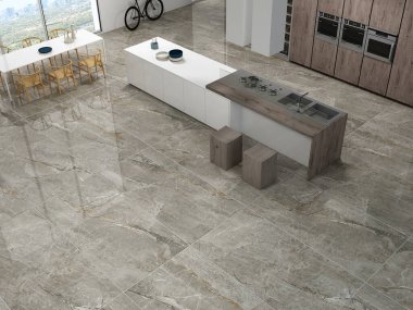 Mutfağın iç tasarımında, üzerinde beyaz bir lavabo bulunan mermer bir tezgah, pişirme için ayarlanmış dört adet siyah indüksiyon ocağı, gerekli ekipmanlar ve tam bir çilek kavanozu bulunuyor. Üç Boyut