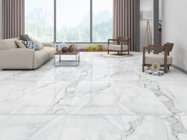 Panoramik pencereleri ve günbatımı manzaralı lüks bir iç mekan, koltukları, halısı, beyaz mermer zemini ve ahşap tavanı olan modern beyaz bir kanepe. Gece aydınlatmalı açık oturma odası tasarla. 3B Hazırlama