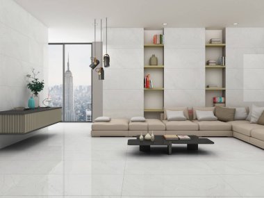 Geniş kanepe, kitaplık, sehpa, çanak çömlek, beyaz duvar, halı ve mermer zemin olan parlak oturma odası. Minimalist tasarım kavramı. Buluşma için rahat bir yer. 3B Hazırlama