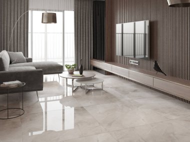 Gri kanepesi, mermer sehpası, beyaz mermer zemini, büyük ekran televizyonlu beyaz kitaplığı ve manzaralı penceresi olan lüks bir oturma odası. 3B Hazırlama