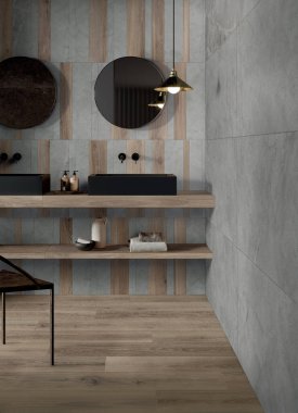 Modern banyo iç tasarımı aynada ve gri mermer duvarda, siyah çift leğen, çift ayna. 3B Hazırlama