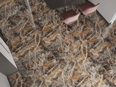 Üst manzara ahşap yemek masası, kahverengi sandalyeler, yerdeki kahverengi mermer. 3B Hazırlama