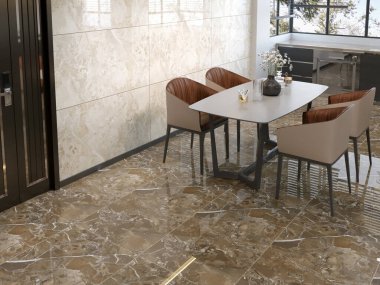 Kahverengi mermer zemin, bej mermer duvarlar, beyaz yemek masası ve sandalyelerle dolu lüks bir yemek odası. Modelleme. 3B Hazırlama