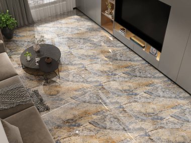 Modern dairenin iç dekorasyonu, modaya uygun mobilyalar, bitkiler ve zarif aksesuarlar. Ev dekoru. 3B görüntüleme