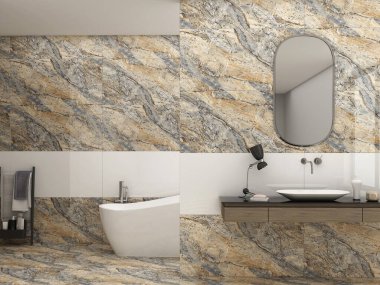 Banyo iç tasarımı, beyaz küvetin üstünde mermer duvar, duvarda boş çerçeveler, tahta sandalye, yerde ve duvarda mermer, havlular, şampuan ve rafta el sabunu. 3B Hazırlama