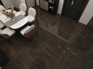 Kahverengi mermer zemin, beyaz seramik yemek masası ve beyaz sandalyeleri olan lüks yemek alanı. Modelleme. 3 Boyutlu Çizimler. 3B Hazırlama