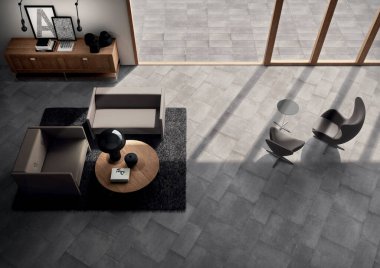 Şık stüdyo dairesinin oturma odası, ahşap mobilyaları ve televizyonu olan bir yatak odası ve beyaz küveti ve ikiz beyaz lavabosu olan bir banyosu var. 3B Hazırlama