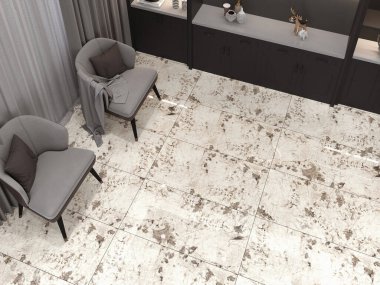 Beyaz mermer döşemeli, gri koltuklu, ahşap mobilyalı, gri perdeli lüks oturma odası. 3B görüntüleme