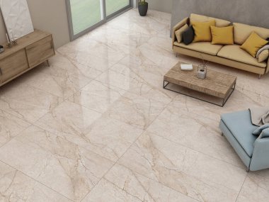 İçinde bej mermer döşeme, turuncu ve gökyüzü rahat kanepe, ahşap sehpa, ahşap mobilya, bahçe manzaralı pencere, gri duvar. 3B Hazırlama