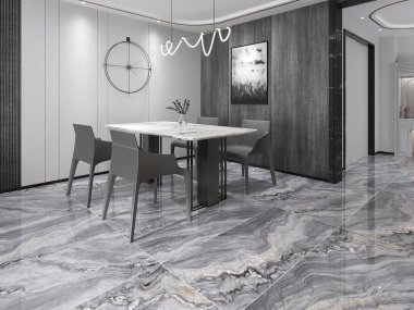 Lüks yemek alanı beyaz ve gri mermer duvarlar, dört gri sandalyeli beyaz yemek masası, asılı lambalar, gri mermer zemin. 3B Hazırlama