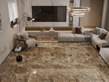 Oturma odası, duvar süslemesi ve ahşap, beyaz mermer ve kanepe setiyle donatılmış televizyon dolabı. 3d oluşturma