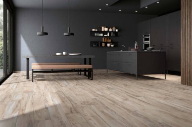 Mutfak odasının içinde yemek masası, dört sandalye, parke zemin, elektrikli tencere ve çanak çömlek var. Çağdaş İskandinav minimalist tasarımı. Yemek için güzel bir yer. 3B Hazırlama