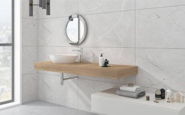 Beyaz ve gri mermer duvarlı modern banyo, mermer zemin, beyaz küvet ve çift lavabo tahta tezgahın üzerinde dikey aynalarla duruyor. 3B Hazırlama