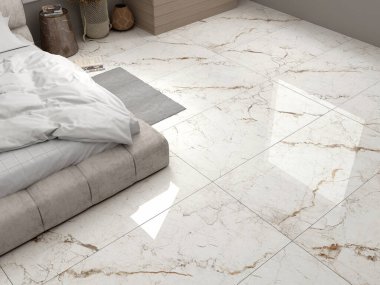 Bej yatak odası iç kısmı, yatak çarşafları ve yastıklar, önü, halı ve Singapur şehir manzaralı mermer beton zemin. Büyük gardırobu olan rahat yatak odası, 3 boyutlu.