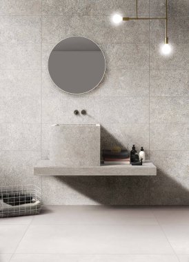 Lüks bir banyonun içinde gri mermer zemin, beyaz mermer duvarlar, beton zemin, beyaz bir küvet, beton leğen, üzerinde büyük bir ayna ve diğer aksesuarlar bulunur. 3B Hazırlama