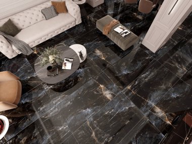 Lüks oturma odası mavi mermer, beyaz rahat koltuk ve masa, beyaz kahve masası, siyah kitap rafı, pencereden arka bahçeye, asılı lamba. 3B Hazırlama