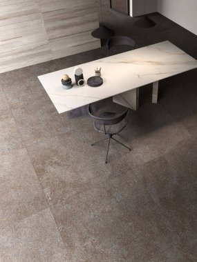 Beyaz mermer, gri mermer zemin ve beyaz mermer duvardan yapılmış ofis masasının üst görüntüsü. 3B Hazırlama