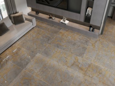 Modern bej minimalist oturma odası büyük gri modüler kanepe, panoramik pencereler ve palmiye ağaçları. Televizyon duvarı maketi. Ön manzara, güneş ışığı. Üç boyutlu görüntüleme. Yüksek kalite.