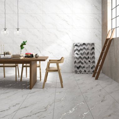 Yemek masası, beyaz mermer döşeme üzerinde sandalyeler, beyaz renklerde yemek odası, alkol dolu şarap deposu. 3B Hazırlama