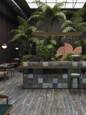 Klasik tarz reklamların önündeki kahve dükkanı. Pastel kahverengi fayanslı bir kafe. 3B Hazırlama