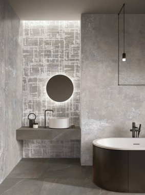 Banyo yakında batıyor. Beyaz lavabo ve çağdaş tezgah, beyaz tasarlanmış mermer duvar. 3B Hazırlama