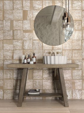 Minimalist beyaz İskandinav tuvaleti, beyaz küvet, tahta masa ve dairesel ayna üzerinde beyaz seramik leğen klasik İskandinav iç tasarımı, 3D çizim. 3B Hazırlama