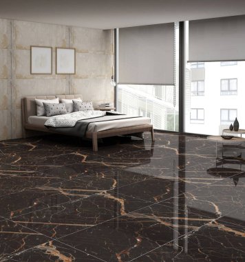 Modern yatak odası ve panoramik pencereli ev ofisi, rahat yatak. Laptop masanın üstünde. Modern hayat kavramı. Fotokopi alanı. 3B Hazırlama