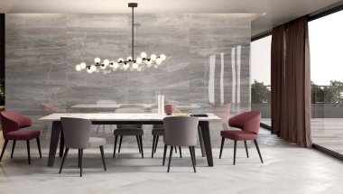 İç mekan, modern, parlak yemek odası iç mekan, gri tuğlalar boş duvar modeli, ahşap masa ve rahat koltuklar. 3B Hazırlama