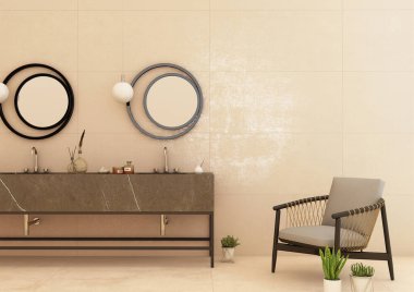 Beyaz küveti ve makyaj rafı olan bej rengi mermer ve gri banyo köşesi. Gri duvarın yanında bir lavabo. Modern ev tasarımı kavramı. Modelleme. 3B Hazırlama