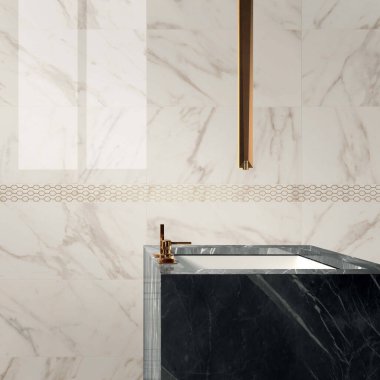 Şık beyaz banyo, büyük beyaz küvet ve arka planda büyük aynalı iki lavabo. Modern mobilyaların banyo ve ahşap mobilyaların tasviri. İnsan yok. Modelleme. 3B Hazırlama