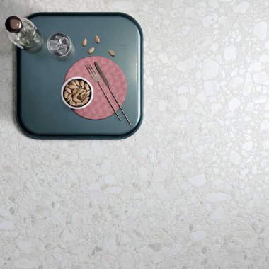 Şık bir oturma odası. Koltuğu, koltuğu, beyaz mermer ahşap zemini var. 3B Hazırlama